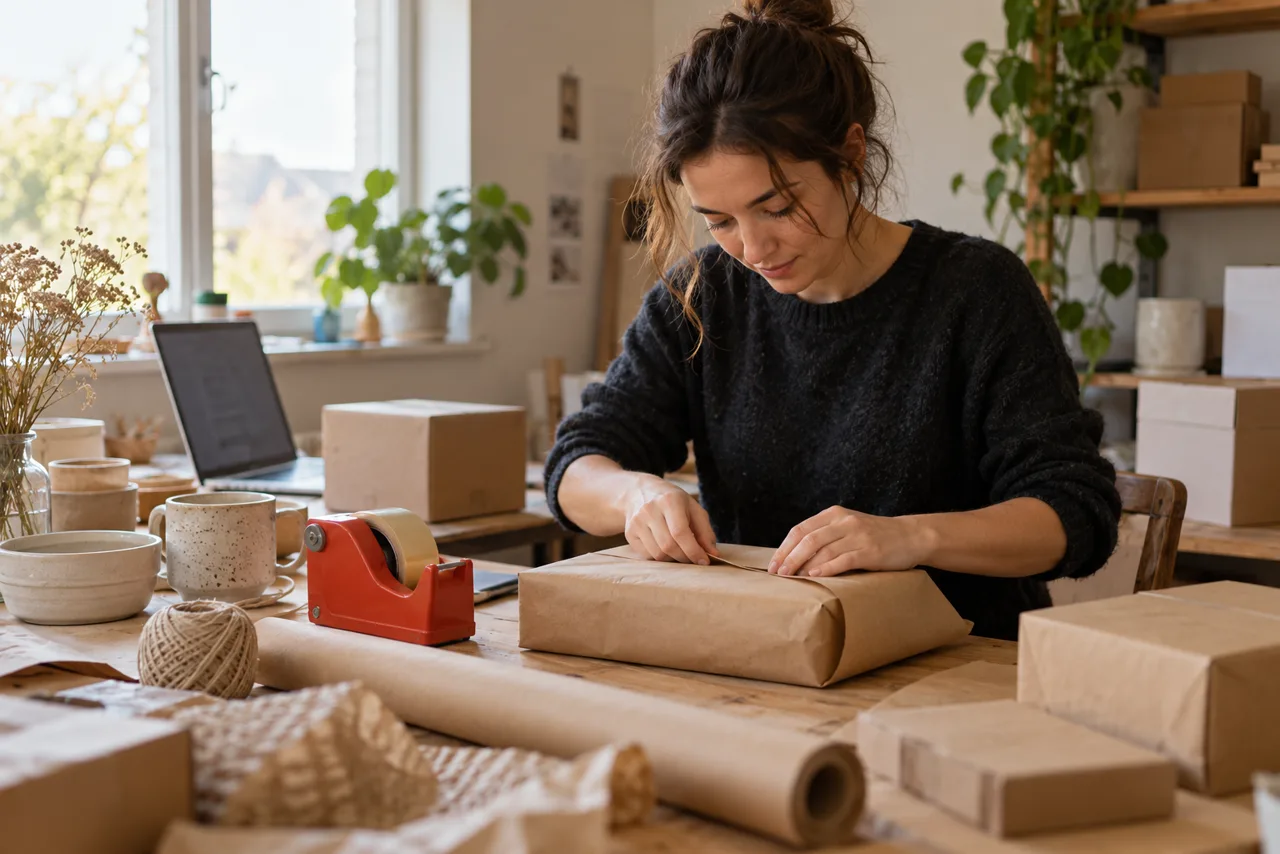 Illustrative scene of a small online shop owner packing an order
