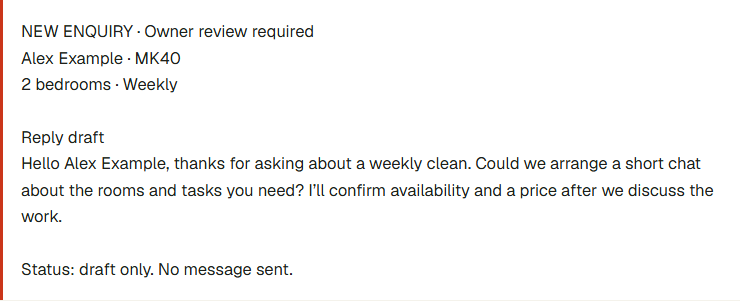 Fictional organised enquiry and reply draft produced by the browser example