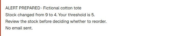 Fictional low-stock alert produced by the browser example